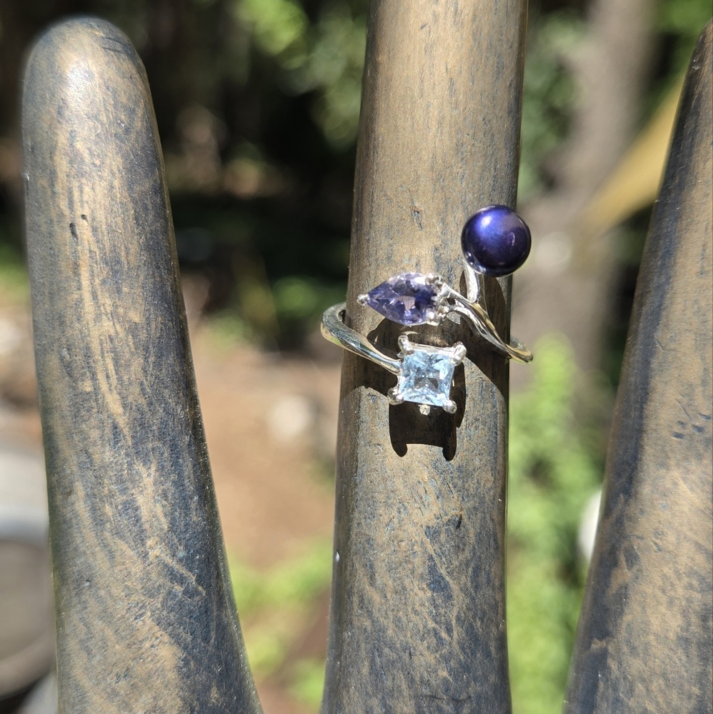 Blue Topaz Lolite & Natural Pearl Ring Sz6.5 Adjustable - Picture 5 of 9